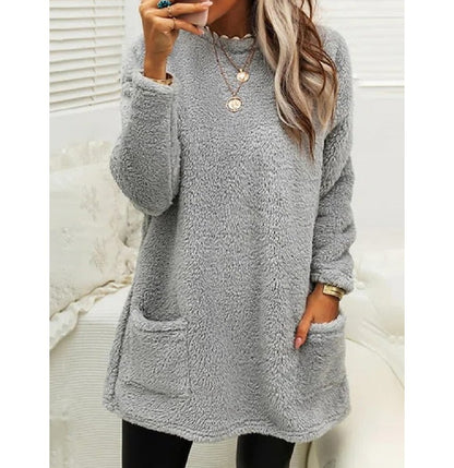 Women's Fleece Pullover Long Sweater With Pockets Winter Warm Thinken Sweatershirt Casual Long Sleeve Plush Tops Hoodie Coat Streetwear Fall Loose Outfits Hoodie Tops